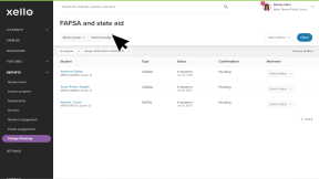 The FAFSA and state aid report. The student list has been filtered to students who have asked for help with their application. The cursor is clicking Add to group